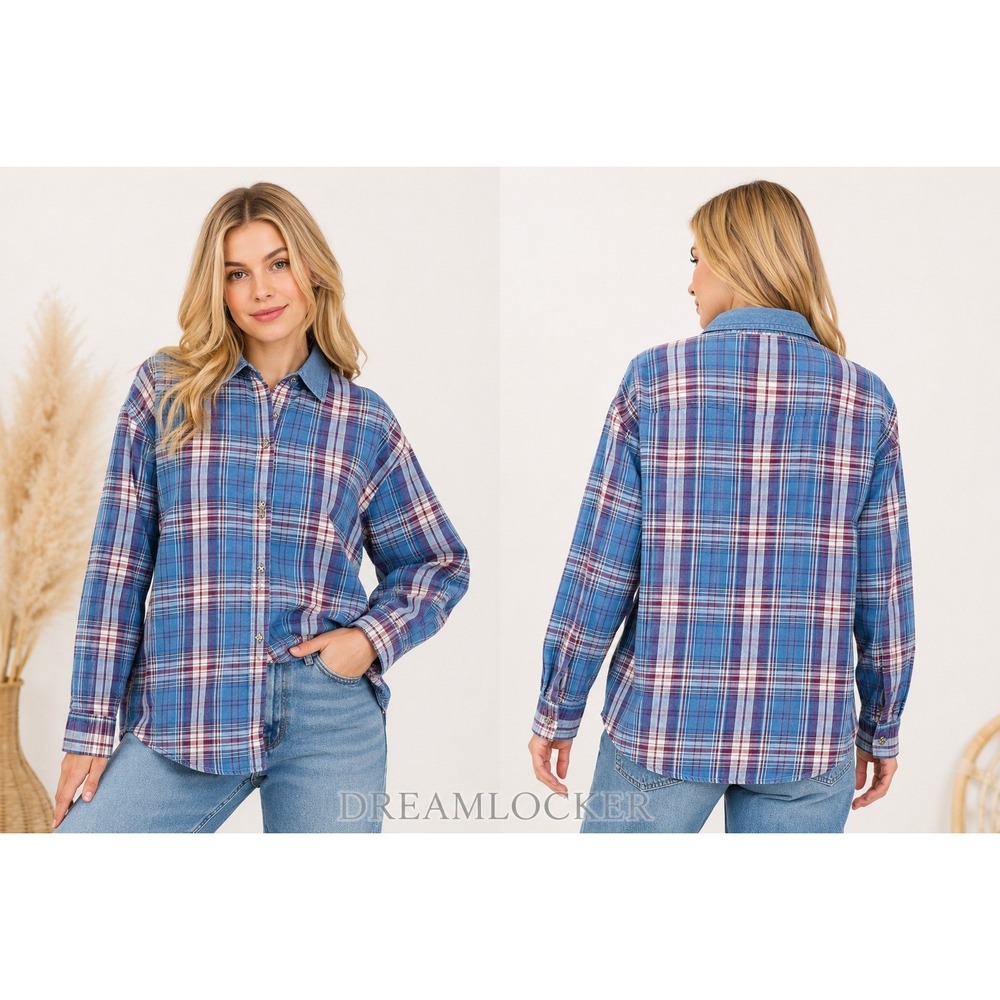 Wrangler Blues Vintage Large Plaid Button Shirt Blue Denim Collar Star Buttons